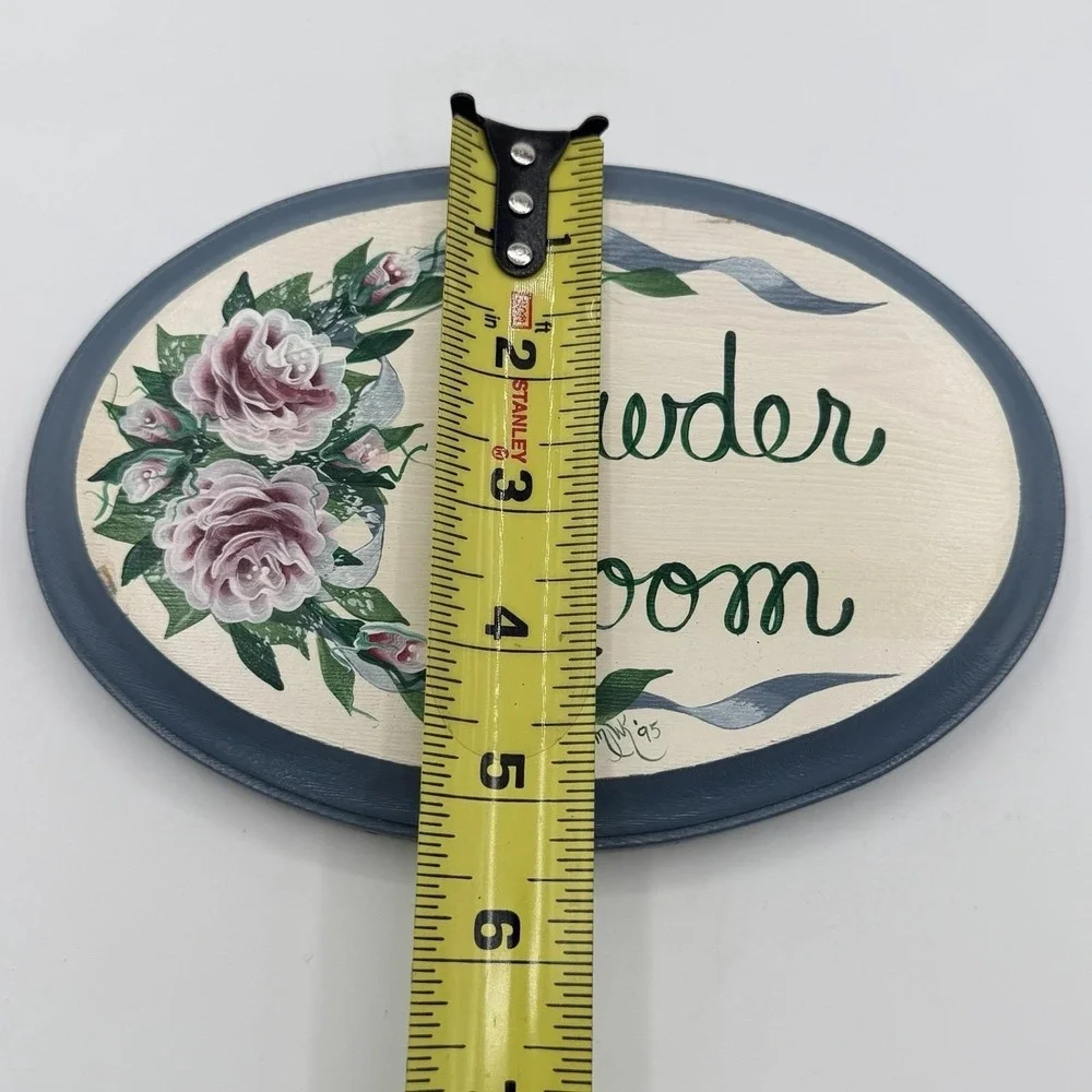 Vintage 80's Blue Country Bathroom Sign Hand Painted Floral Cottage Granny Core